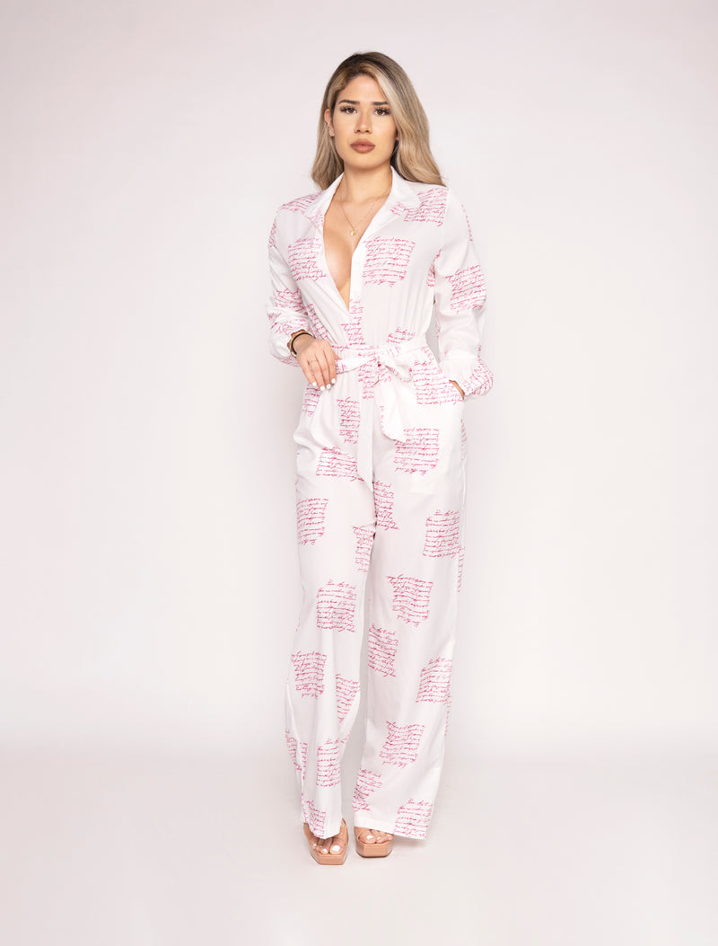 Write Me A Letter Jumpsuit (White/Pink)